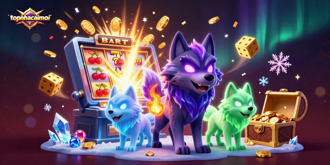 Topnhacaimoi slot machine illustration with wolves and casino elements.