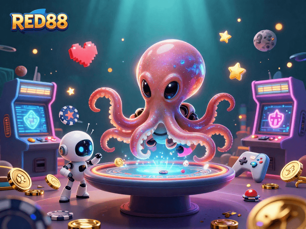 Engage with RED88's vibrant gaming scene featuring an alien octopus at a holographic poker table.