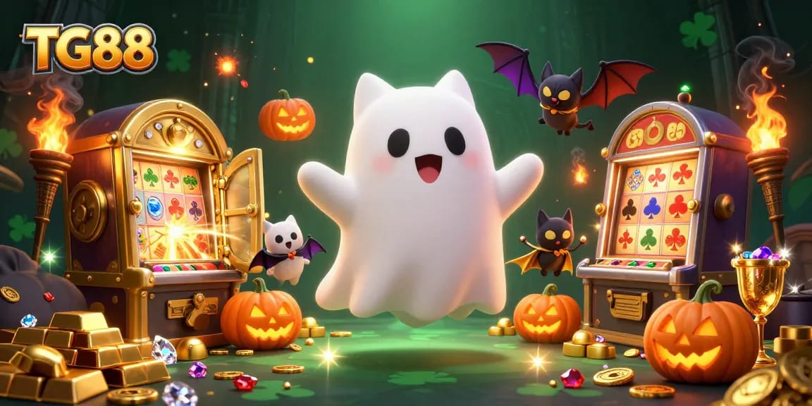 Experience exciting gaming at TG88, featuring friendly ghost characters in a vibrant casino setting.