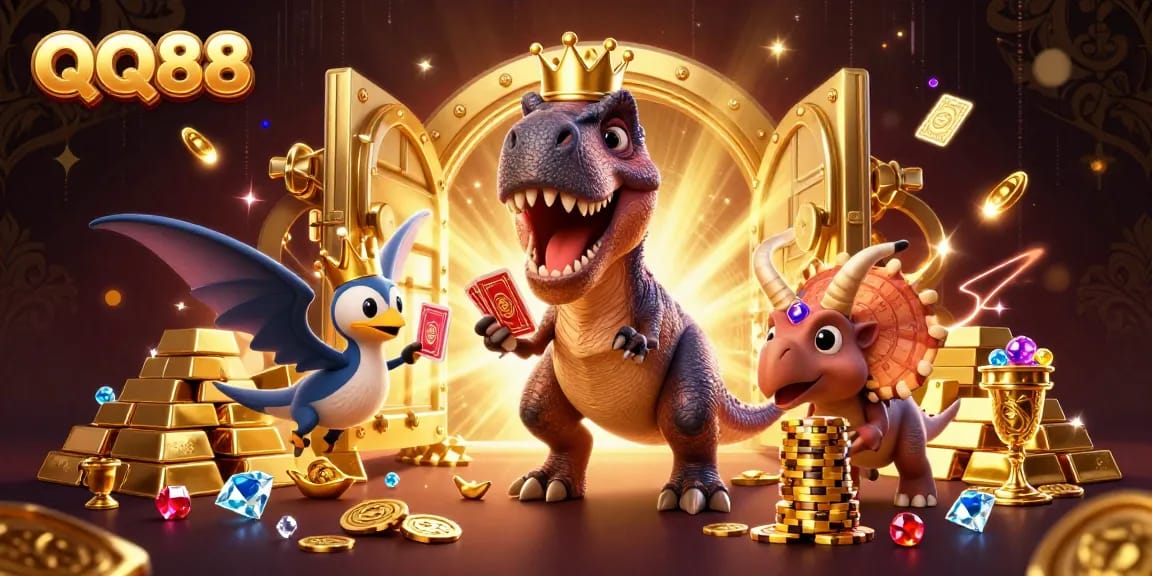Bet and win with QQ88 in an exciting 3D cartoon scene showcasing fun casino characters.