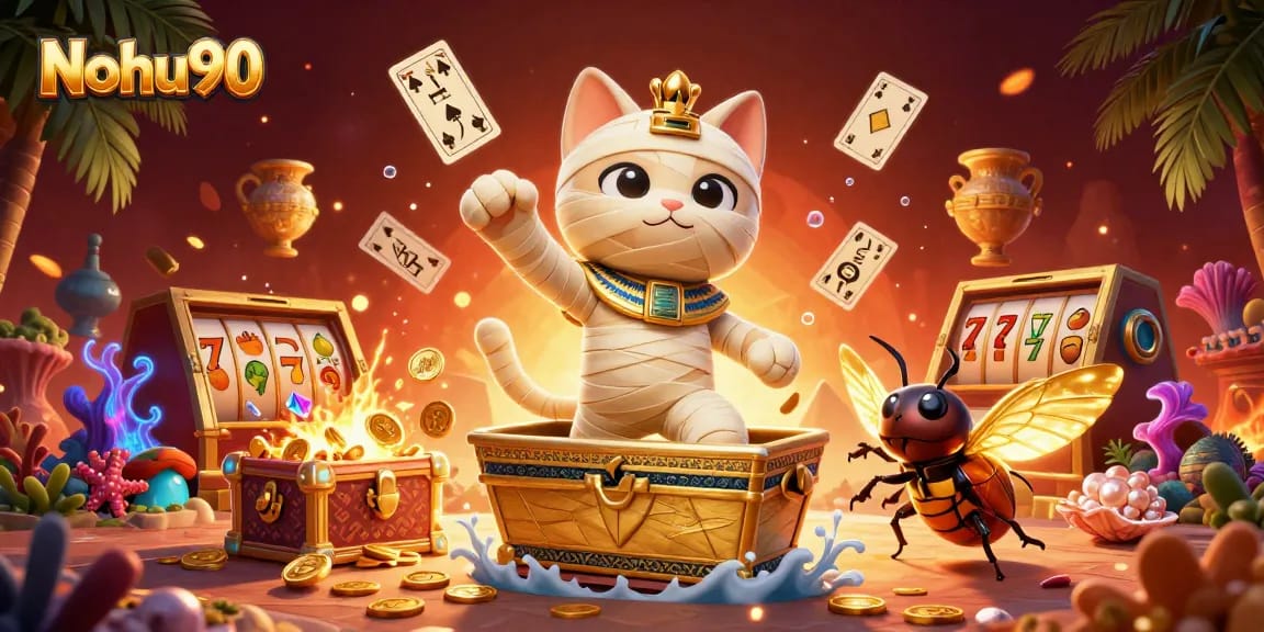 Nohu90 features an Egyptian mummy cat and scarab beetle in a dynamic casino scene filled with slot game elements.