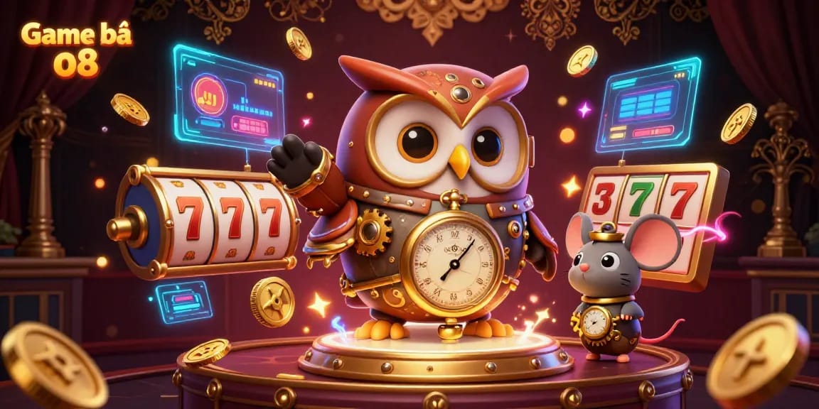 Engage in Game bài o8 with a vibrant 3D casino scene featuring a time-traveler owl and dynamic gaming elements.
