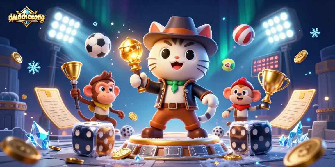 Daidichxacsong: The explorer cat uncovers golden casino artifacts surrounded by vibrant sports elements.