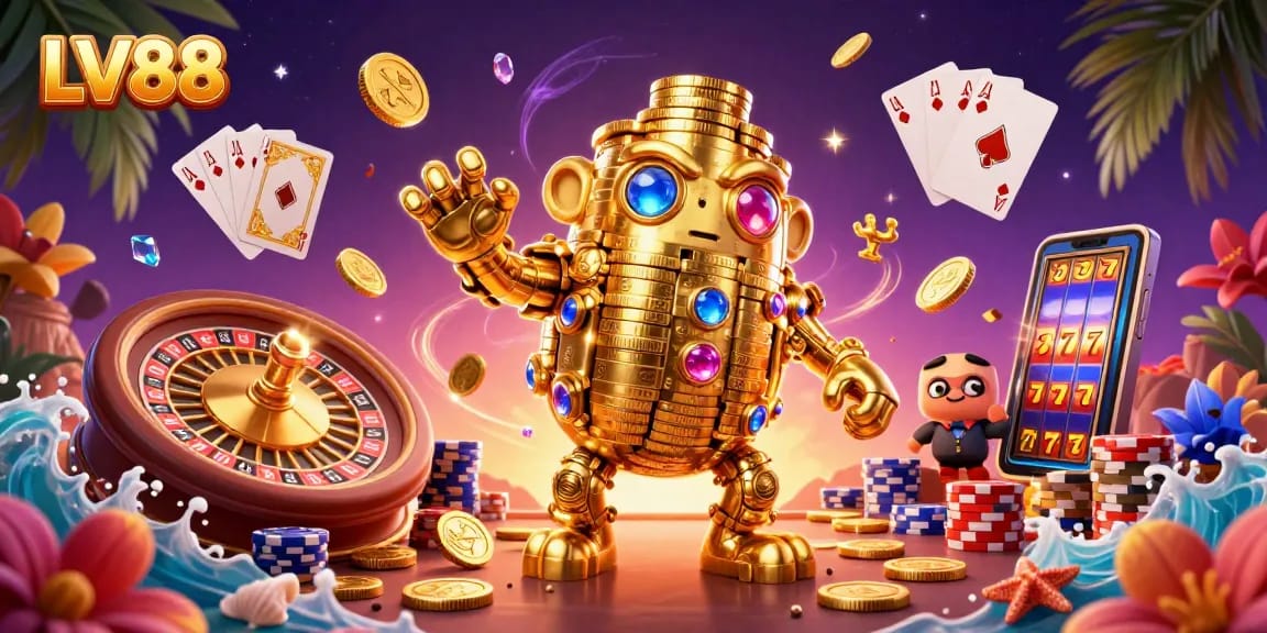 Experience the thrill of LV88 with a golden golem and dynamic casino elements in this vibrant illustration.