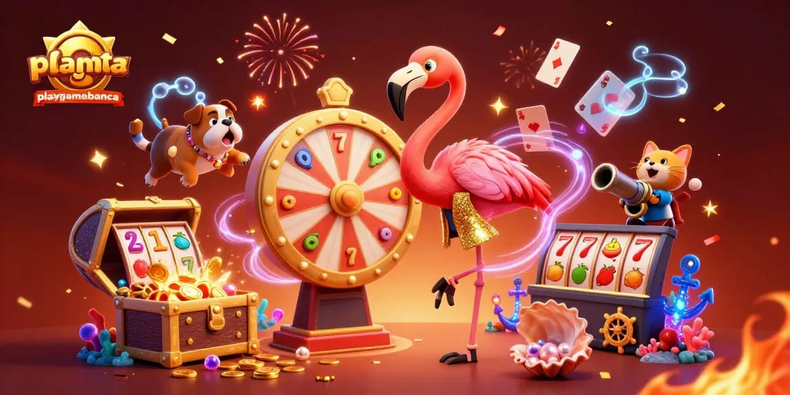Engage with playgamebanca's exciting prizes in a vibrant 3D casino-themed illustration featuring a golden prize wheel.