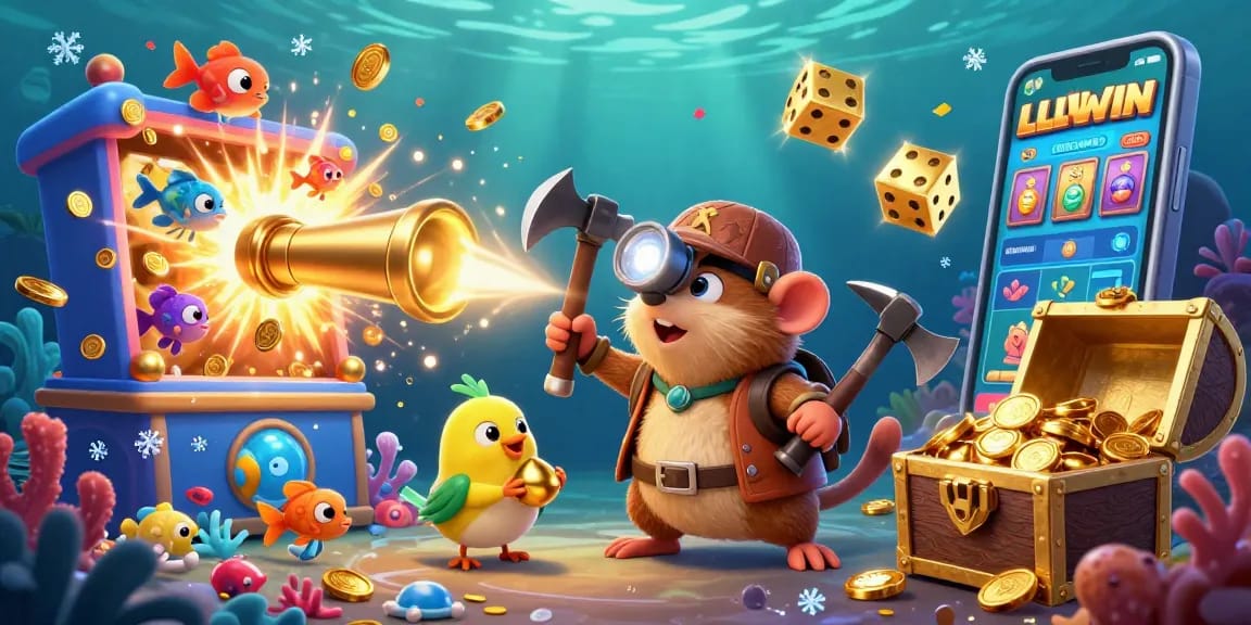 Bắn cá llwin game featuring a treasure hunter mole and vibrant underwater scene, showcasing dynamic action.