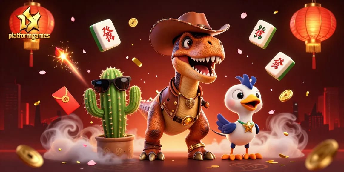 Engage with platformgames as the cartoon dinosaur, cactus, and roadrunner bring excitement to a vibrant casino scene.