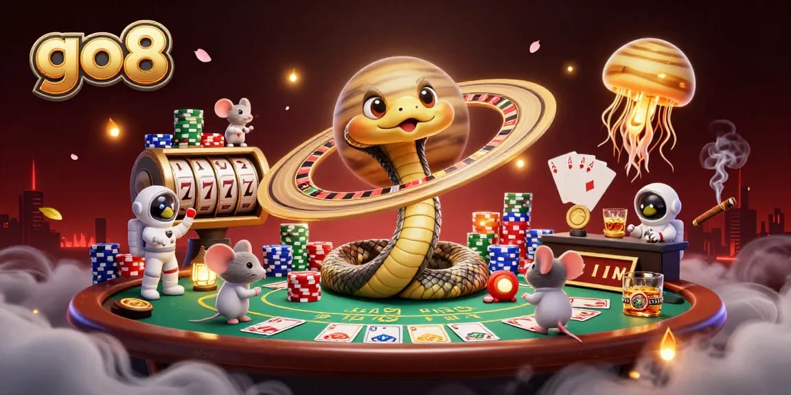 Experience high-stakes betting with go8's engaging cosmic casino featuring a roulette ring and poker action.