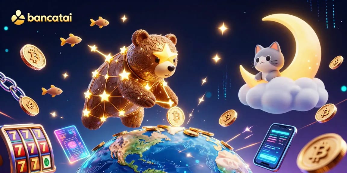 Experience thrilling action with bancatai in this dynamic 3D casino scene featuring vibrant characters and crypto elements.