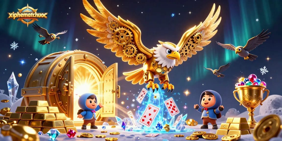 xiphematchuoc showcases a vibrant scene of a cybernetic eagle amidst rich casino treasures, enhancing excitement for players.
