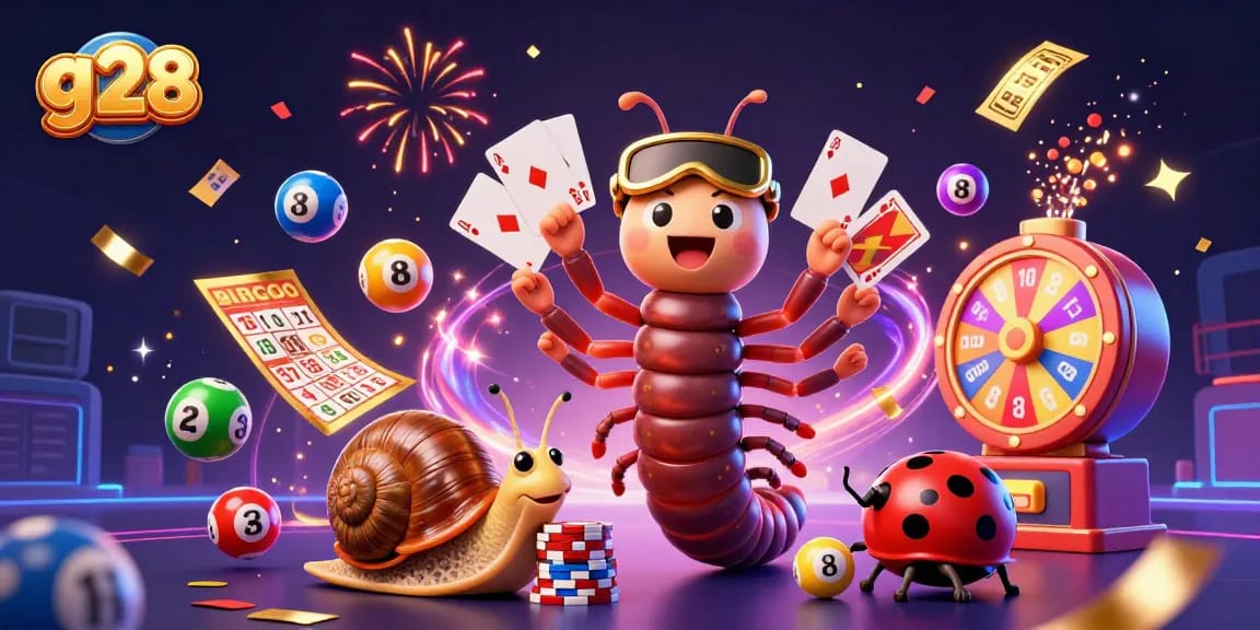 Experience thrilling gaming at g28 with an animated millipede dealer, colorful lottery balls, and exciting casino elements.