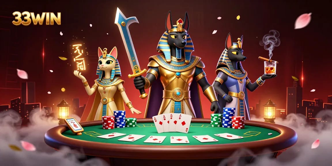 Engage with thrilling poker action at 33WIN featuring Anubis and Bastet amidst vibrant casino elements.