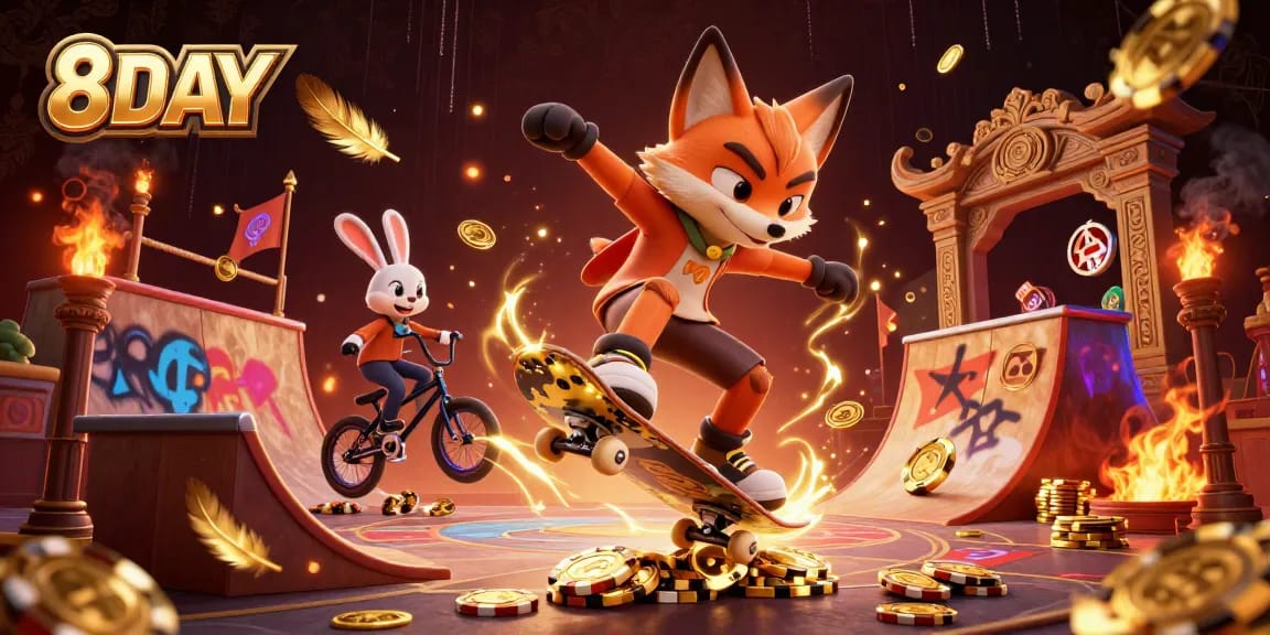Experience 8DAY's vibrant casino atmosphere with a cartoon fox and rabbit in action.