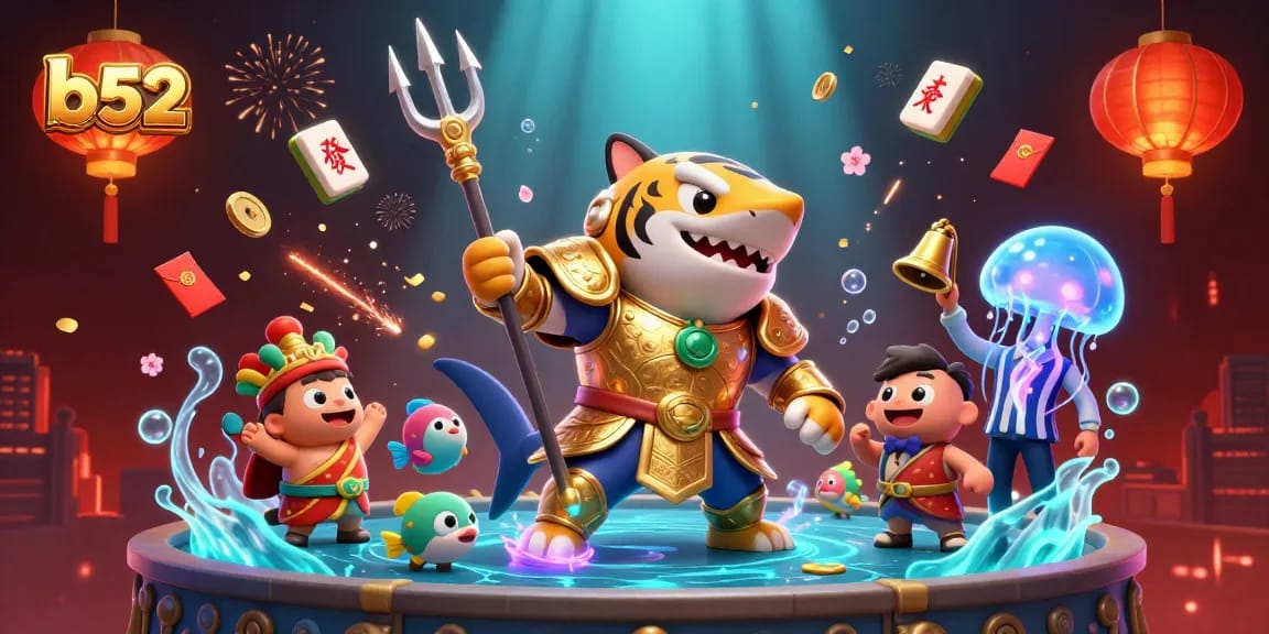 B52 casino showcases thrilling gameplay with vibrant 3D shark characters in a festive underwater scene.