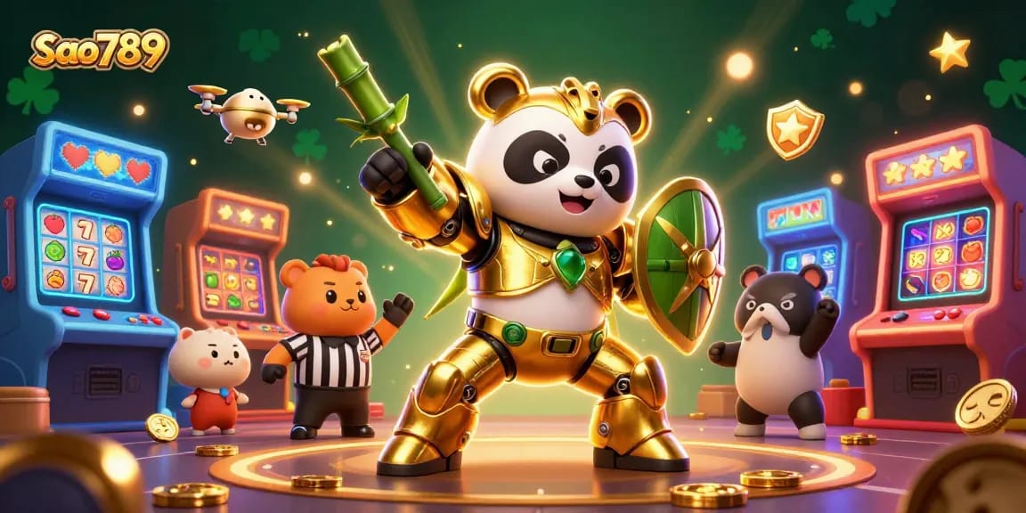 Experience thrilling action at sao789 with a golden panda robot battling amidst vibrant casino games.