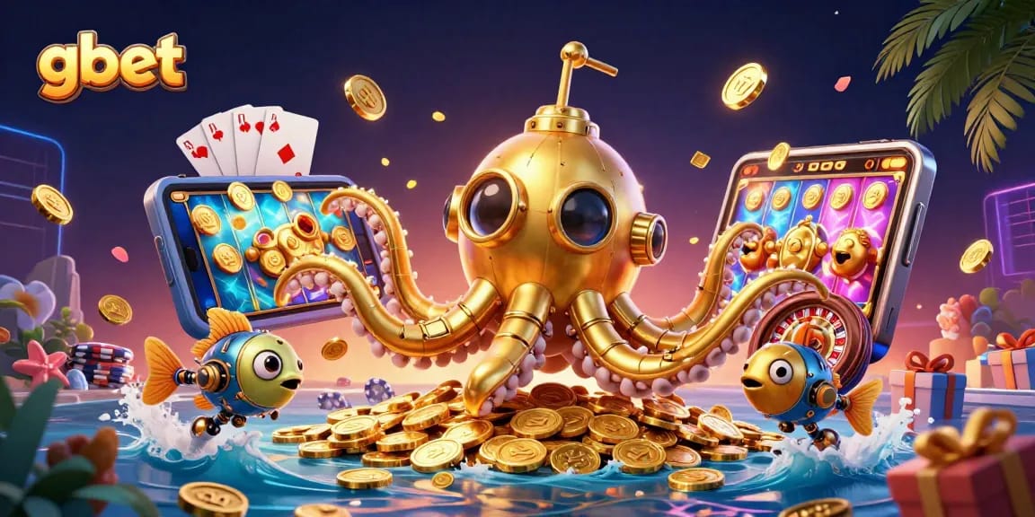 gbet features a golden kraken submarine amidst casino games and gold coins exploding