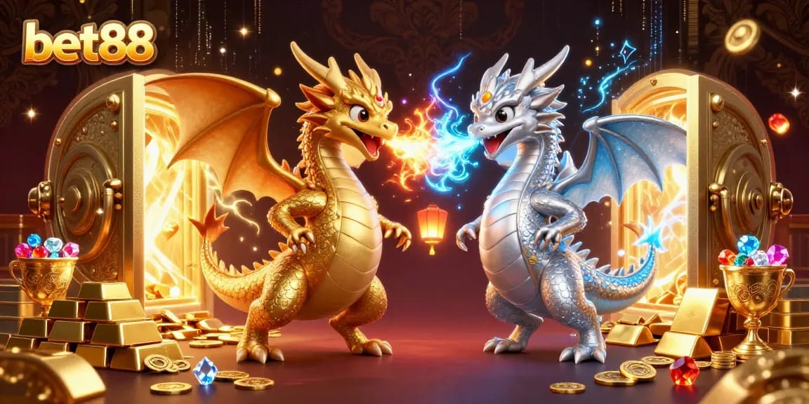 Experience the thrill of bet88 with twin dragons and explosive treasures in this dynamic casino illustration.