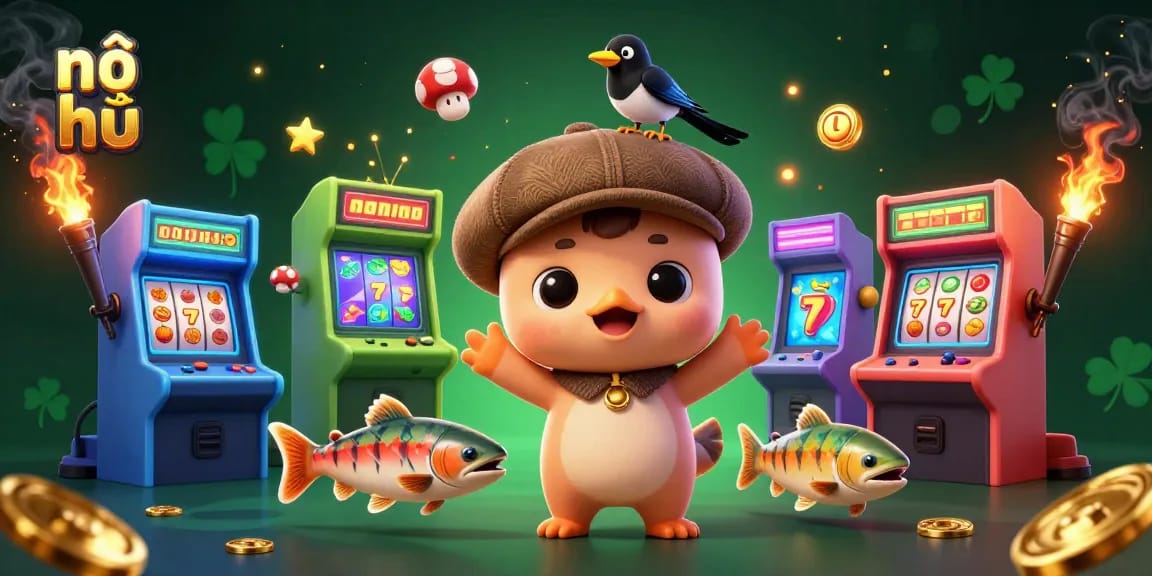 Spin the reels of nổ hũ with a playful Nessie and friends in a vibrant casino setting.