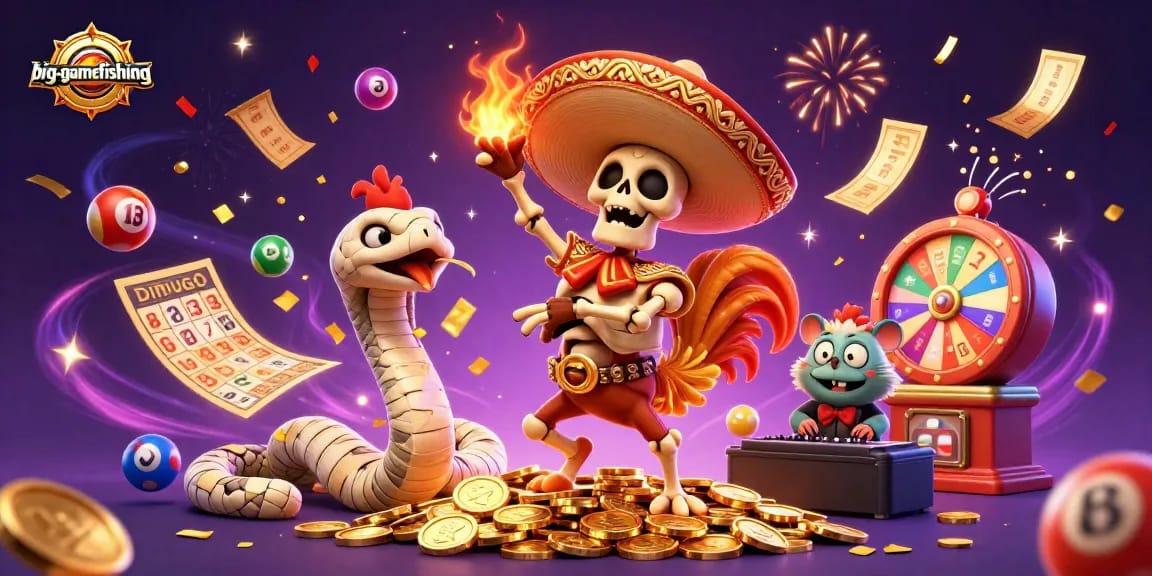 Experience big-gamefishing in this vibrant casino scene full of animated characters and lottery elements.