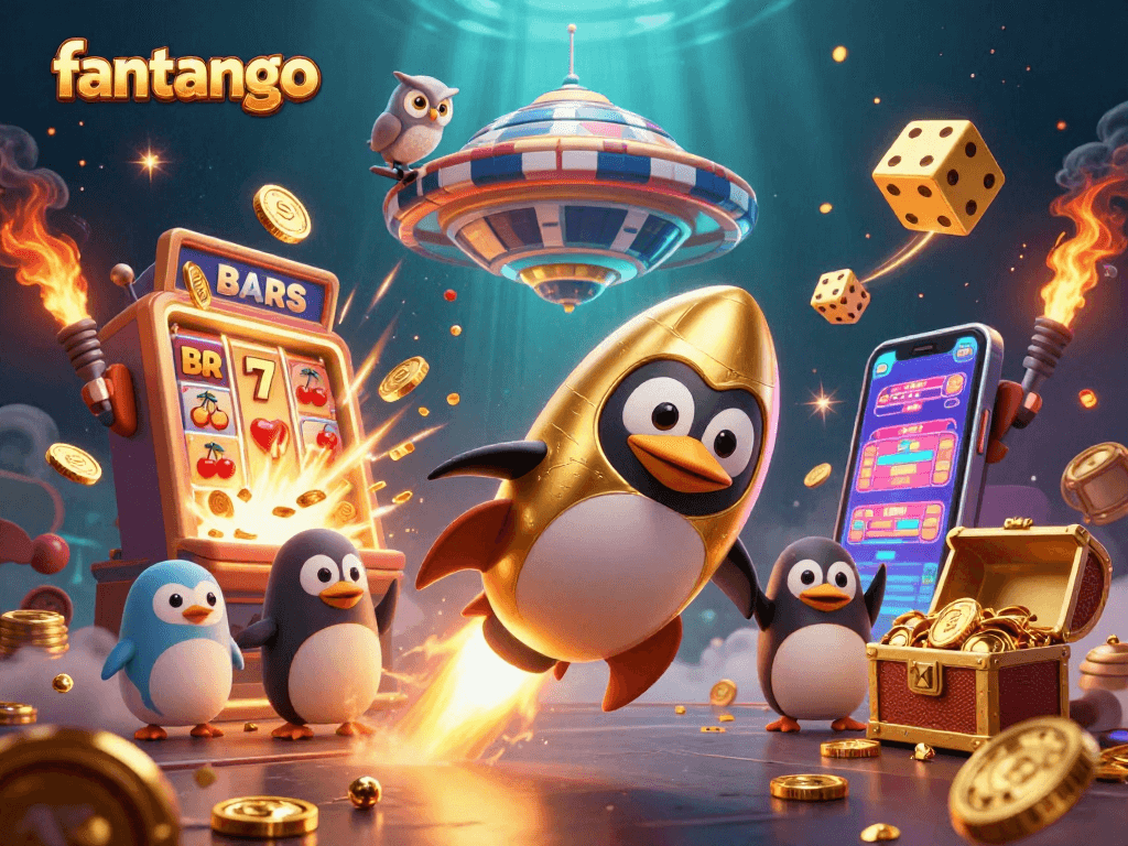 Experience the thrill of fantango with a golden penguin soaring toward a jackpot in a vibrant space casino scene.