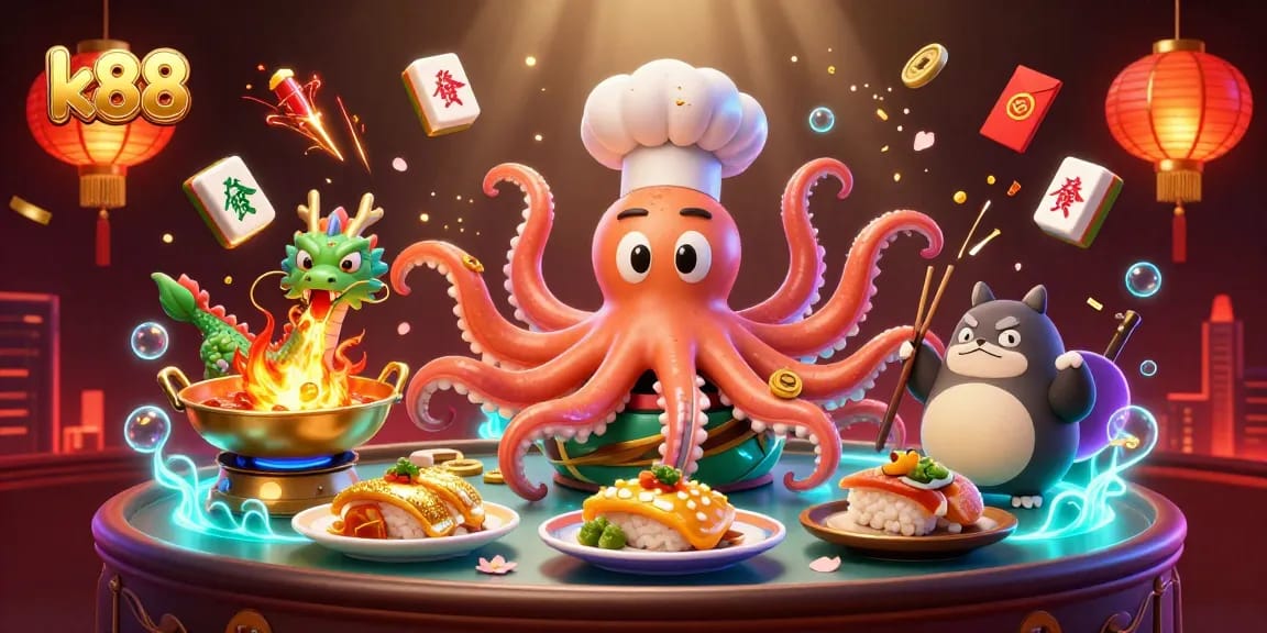 Engage with the vibrant k88 casino scene featuring a sushi chef octopus and fiery dragon amidst golden rewards.