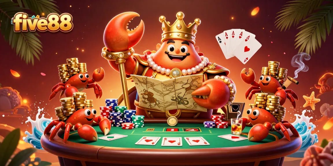 Engage with exciting five88 gaming moments featuring a golden crab emperor and poker elements.