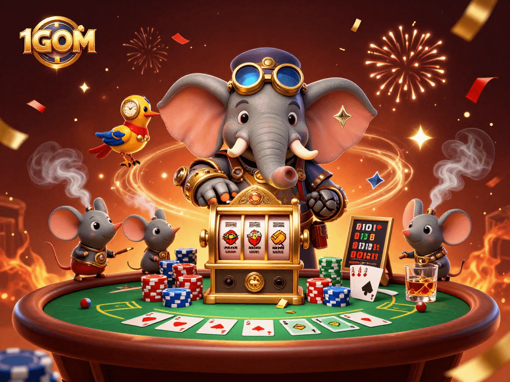 Experience winning with 1GOM in this vibrant 3D casino illustration filled with poker and slot elements.