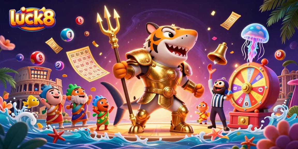 Experience luck8's thrilling underwater casino adventure with a vibrant 3D tiger shark and engaging game elements.
