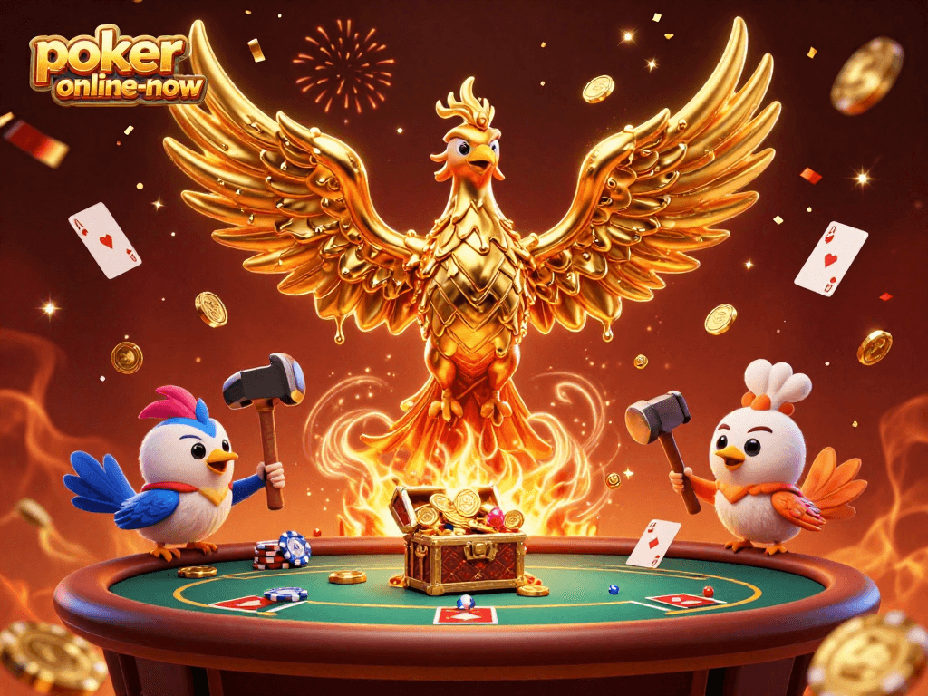 Experience casino poker thrills with poker-online-now in a vibrant, dynamic illustration featuring golden phoenix and poker elements.