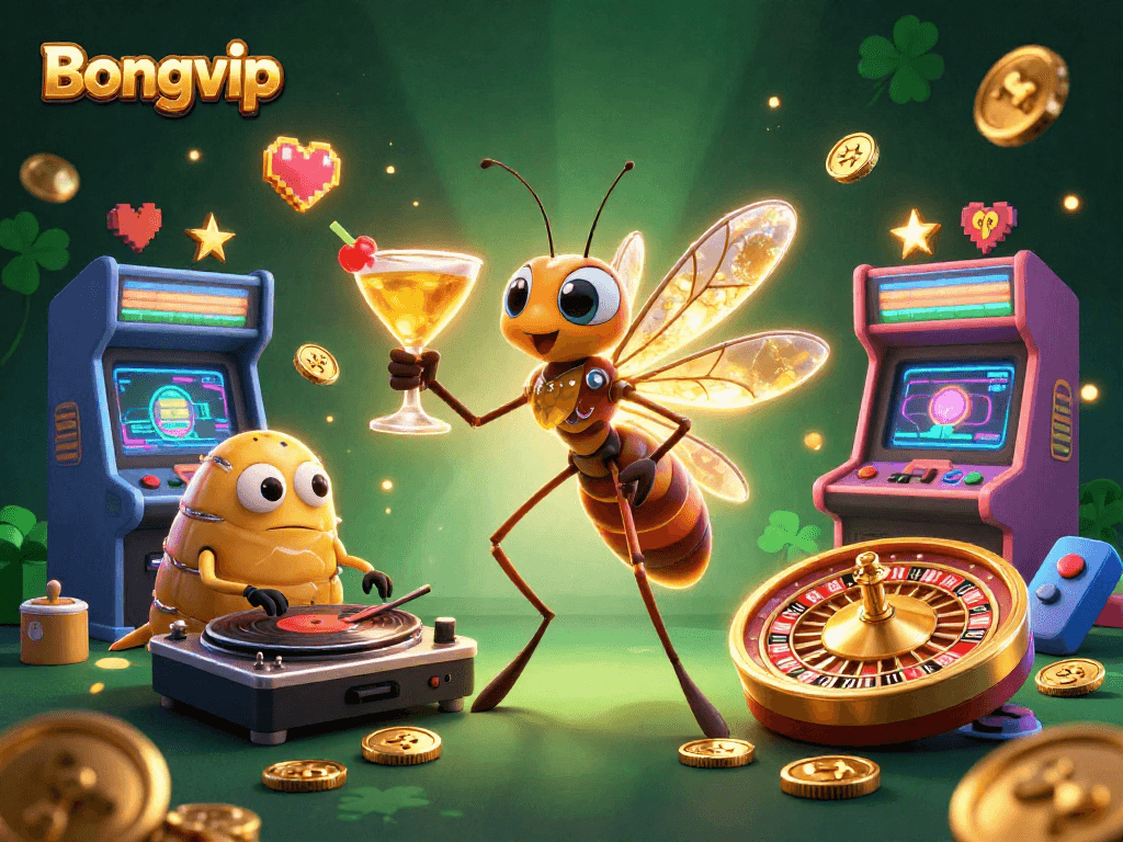 Bongvip mascot brings life to the casino, surrounded by vibrant games and a thrilling atmosphere.