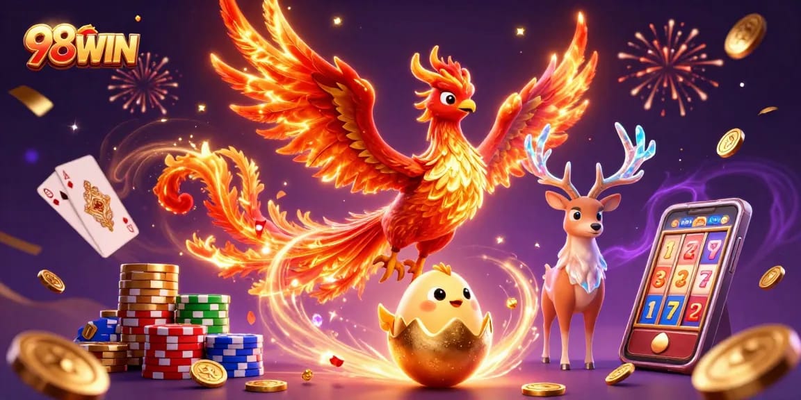 Engage with 98WIN's thrilling gaming scene featuring a phoenix and jackpots.