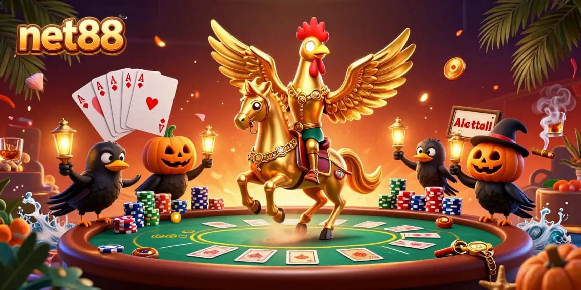 Experience the vibrant net88 casino atmosphere with a golden rooster and gaming elements.