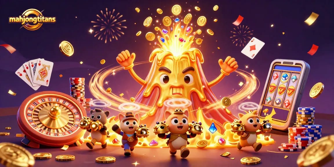 Engage with mahjongtitans as a golden volcano erupts gems and coins amid a festive casino atmosphere.