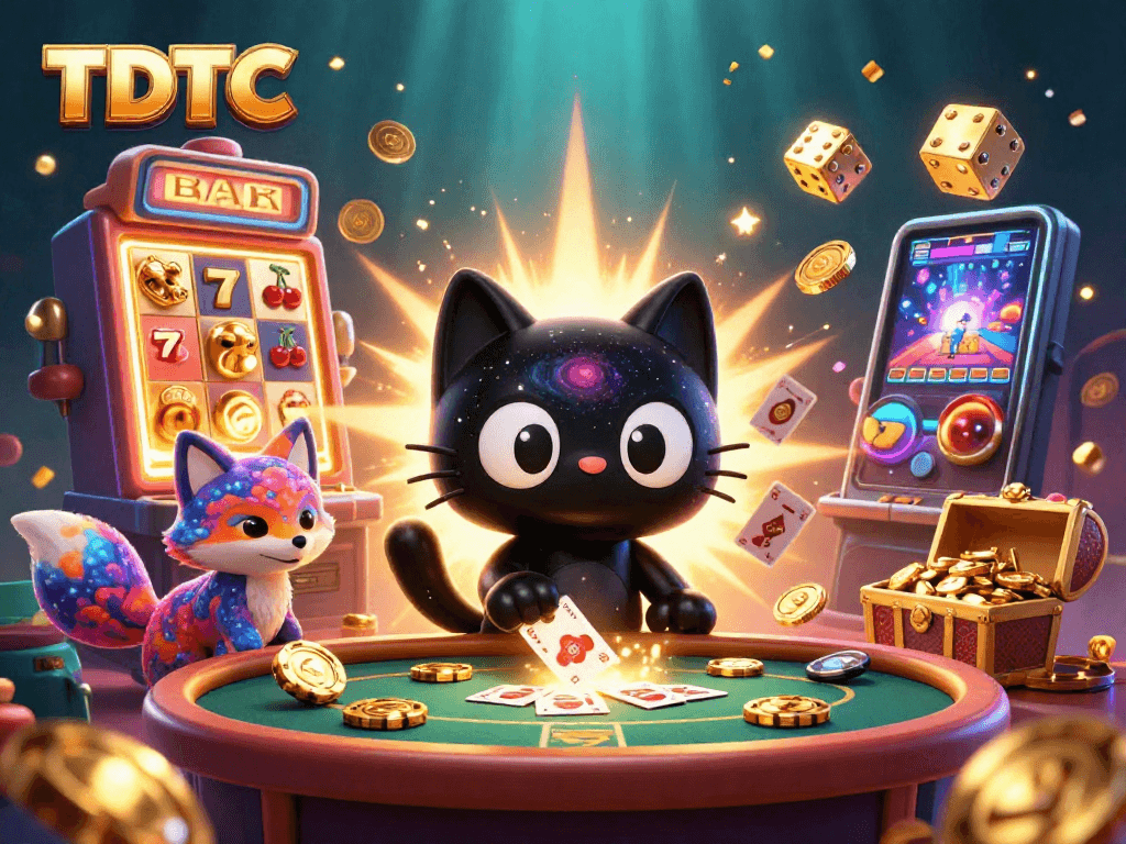 Engage with TDTC’s vibrant cosmic casino, featuring a black hole cat and colorful elements.