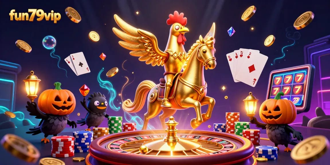 Experience the excitement of fun79vip with a golden rooster in a vibrant casino scene.