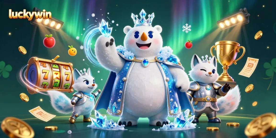 Join the winning excitement with luckywin, featuring a polar bear king and snow fox in a dazzling casino setting.