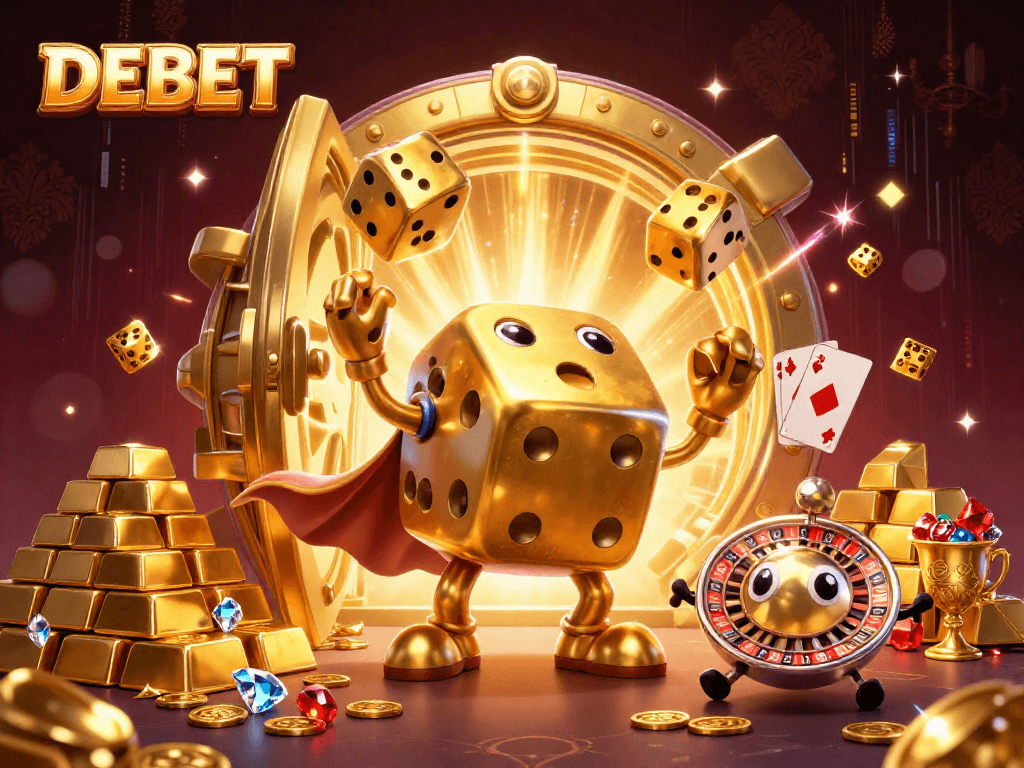 DEBET showcases casino excitement with a dynamic 3D illustration of golden dice and treasures.