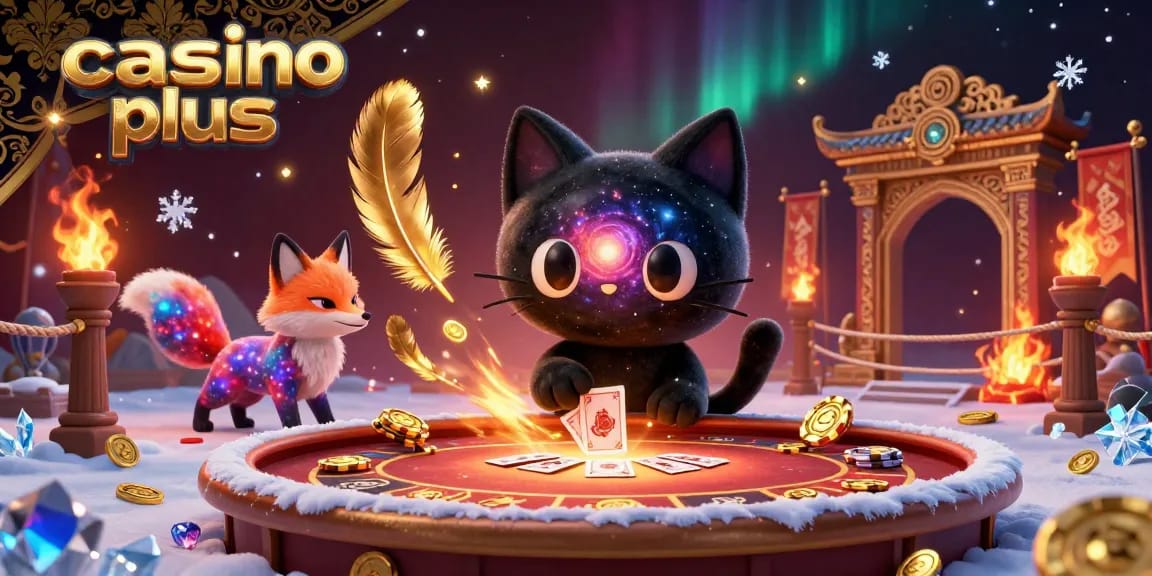 Engage with casino plus at a cosmic casino, featuring a black hole cat and nebula fox amid vibrant gaming elements.