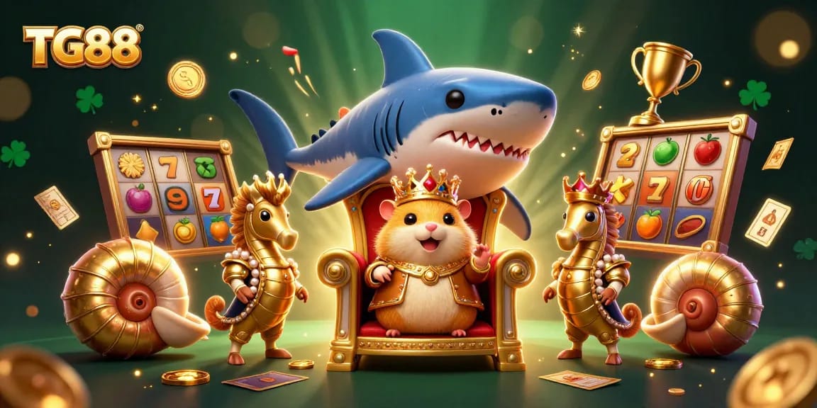 Engage in thrilling gameplay at TG88, featuring a vibrant 3D casino scene with a golden hamster king and slot reels.