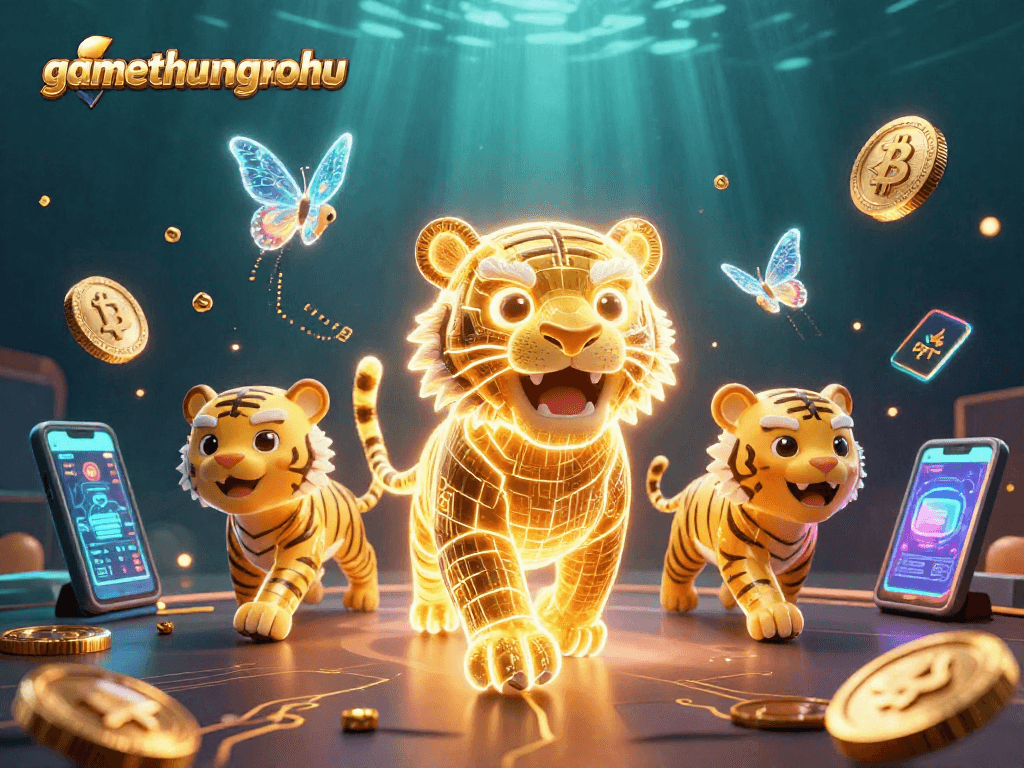 Experience gamethuongnohu's vibrant digital casino where a golden tiger prowls, collecting crypto treasures.