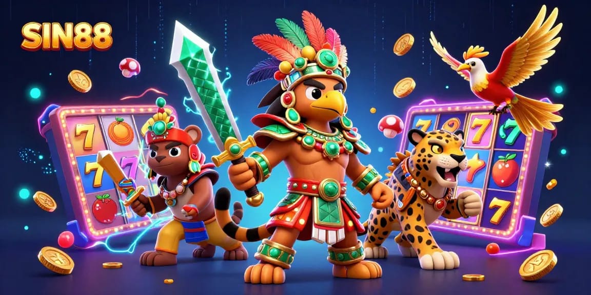 Engage in the thrilling world of SIN88 with a vivid illustration of characters and dynamic slot game elements.