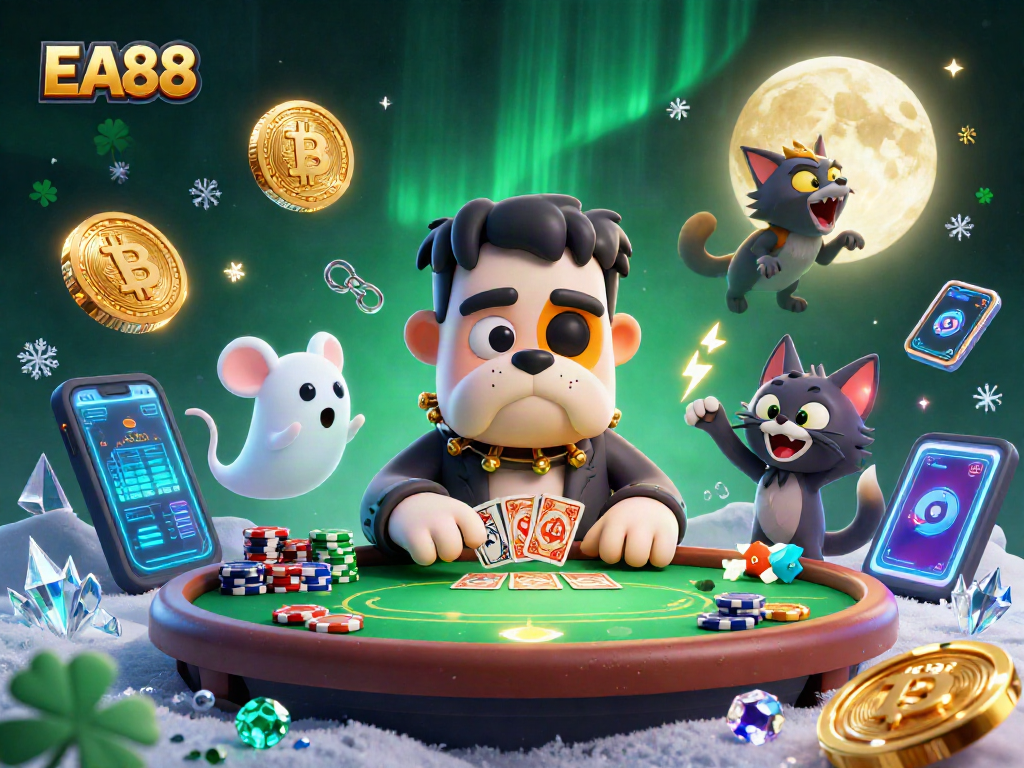EA88 illustration of a bulldog dealer at a spooky poker table, enhanced by crypto elements.