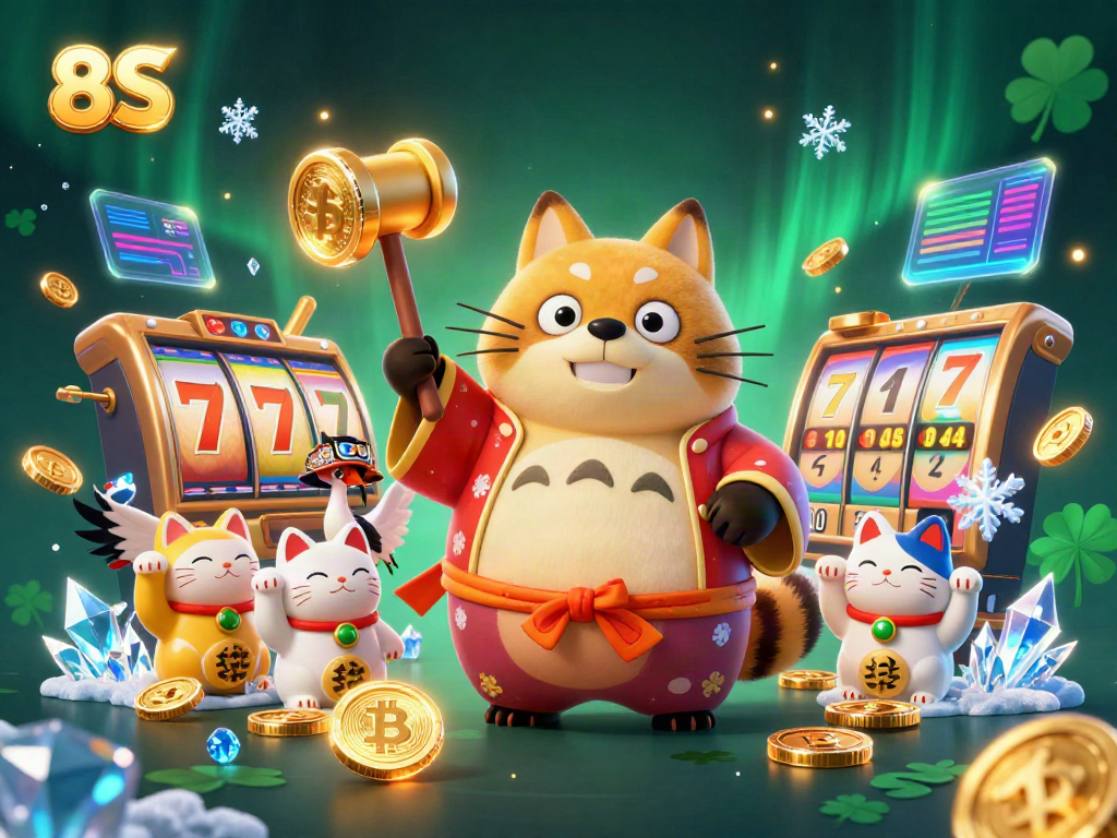 Experience winning with the 8S tanuki at a vibrant slot machine jackpot scene.