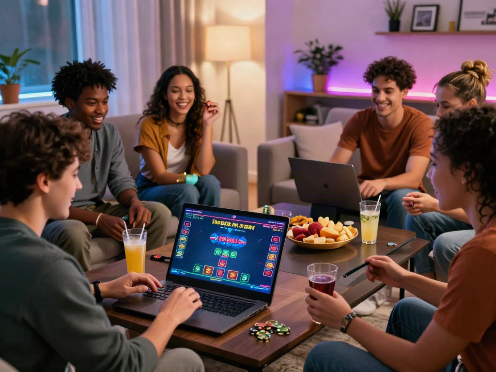 Friends enjoying an online casino game at home on https://fb88mx.com/ in a vibrant living room setting.