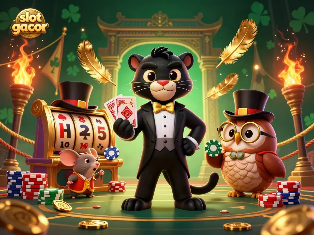 Experience slot gacor with a stylish black panther dealing cards and friends in an energetic casino scene.