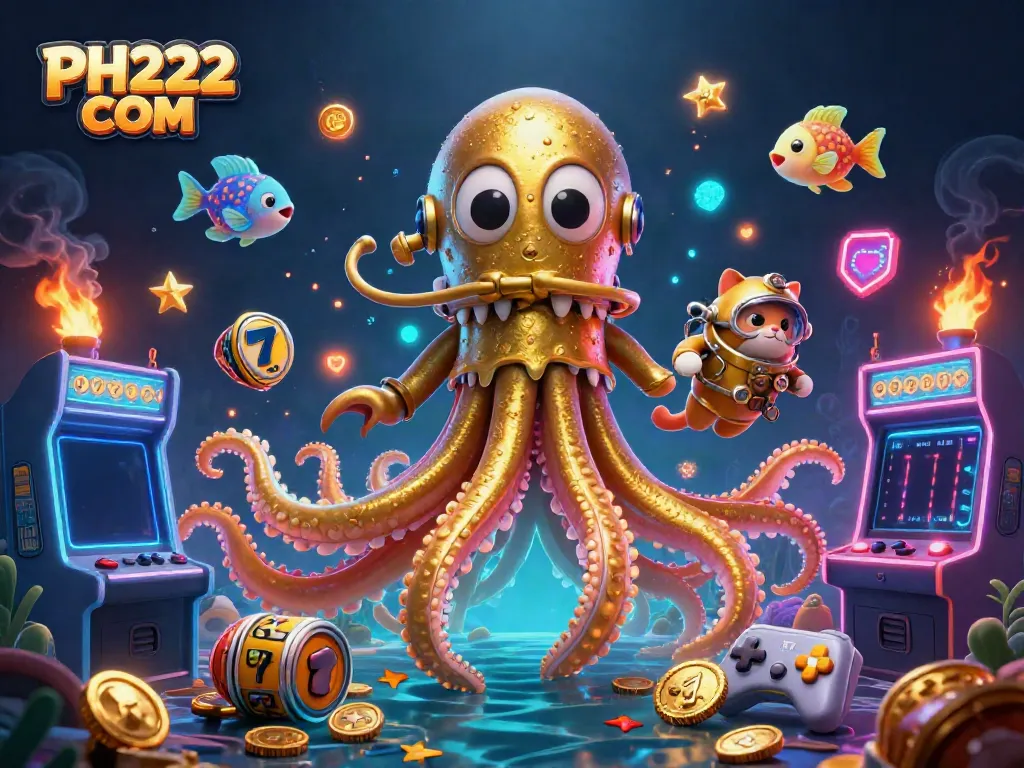 Engage with PH222 COM's vibrant gaming experience featuring a kraken and a diving cat.