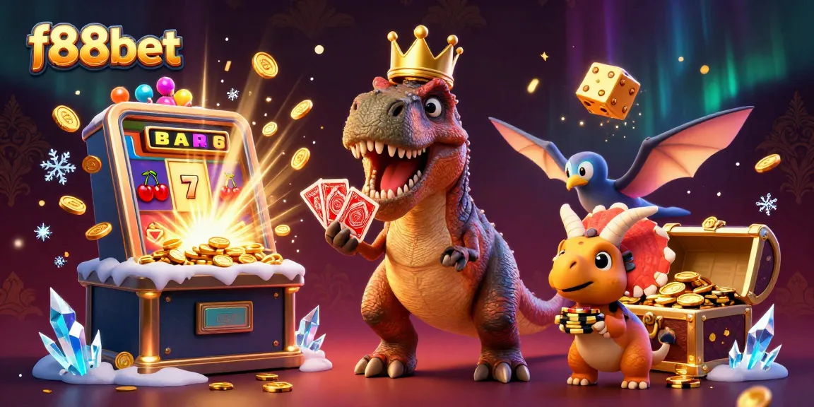 Experience the thrill of f88bet while T-Rex shuffles cards, bursting slot machines, and golden treasures surround the action.