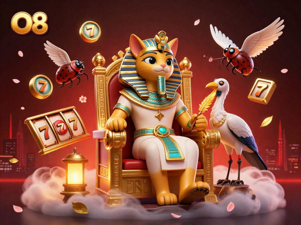 Spin the reels at O8 with vibrant Egyptian-themed characters and dynamic casino elements.
