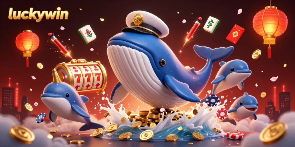 Experience thrilling excitement at luckywin with a vibrant scene of a cartoon whale breaching through coins and dolphins with poker chips.