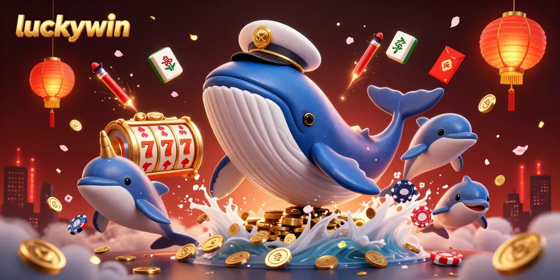 Experience thrilling excitement at luckywin with a vibrant scene of a cartoon whale breaching through coins and dolphins with poker chips.